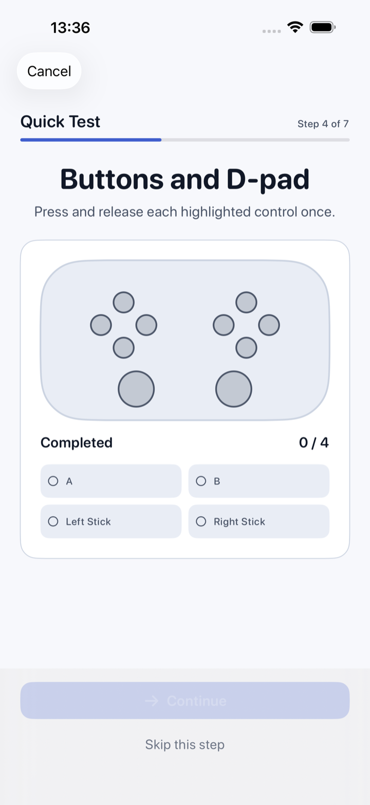 The button check screen, marking each button as it is pressed and released.