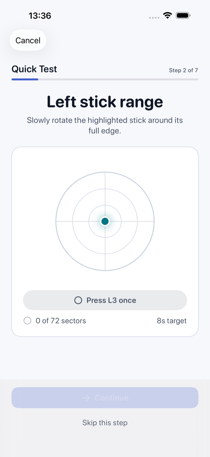 The stick range screen, drawing the sweep of a stick as it is moved.